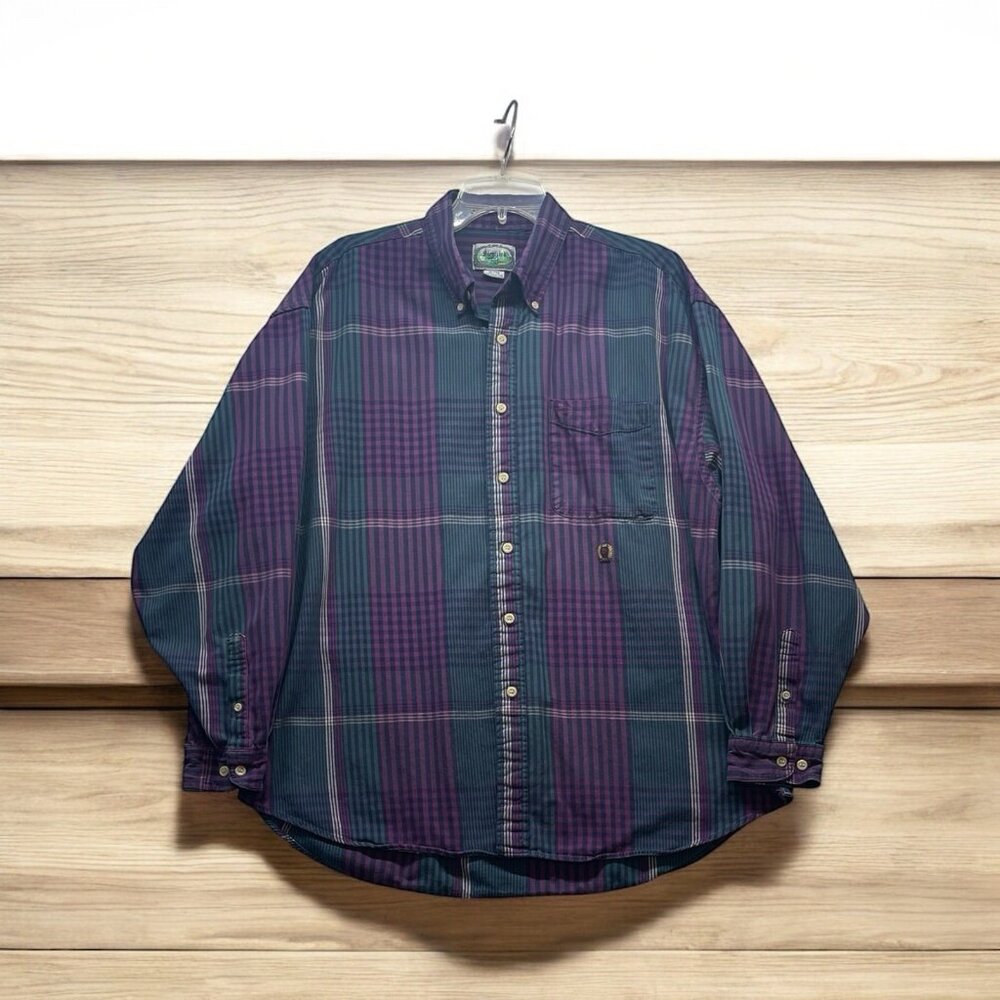 Siegfried Shirt Mens XL Purple Green  Long Sleeve Button Down Vtg 90s